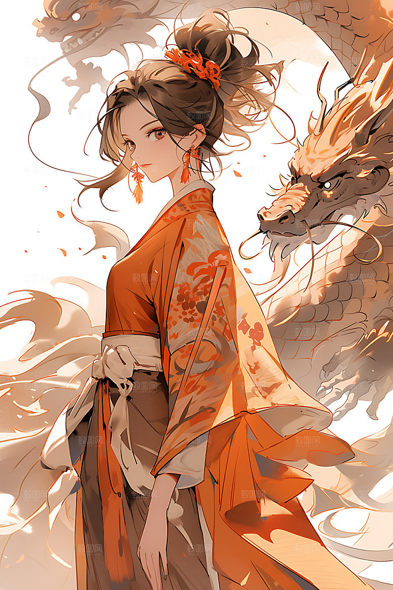 女孩和龙中式水墨插画