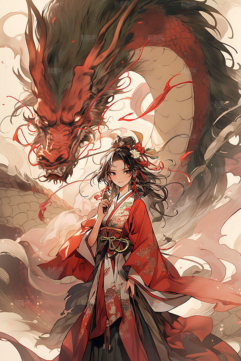 女孩和龙少女中国风插画