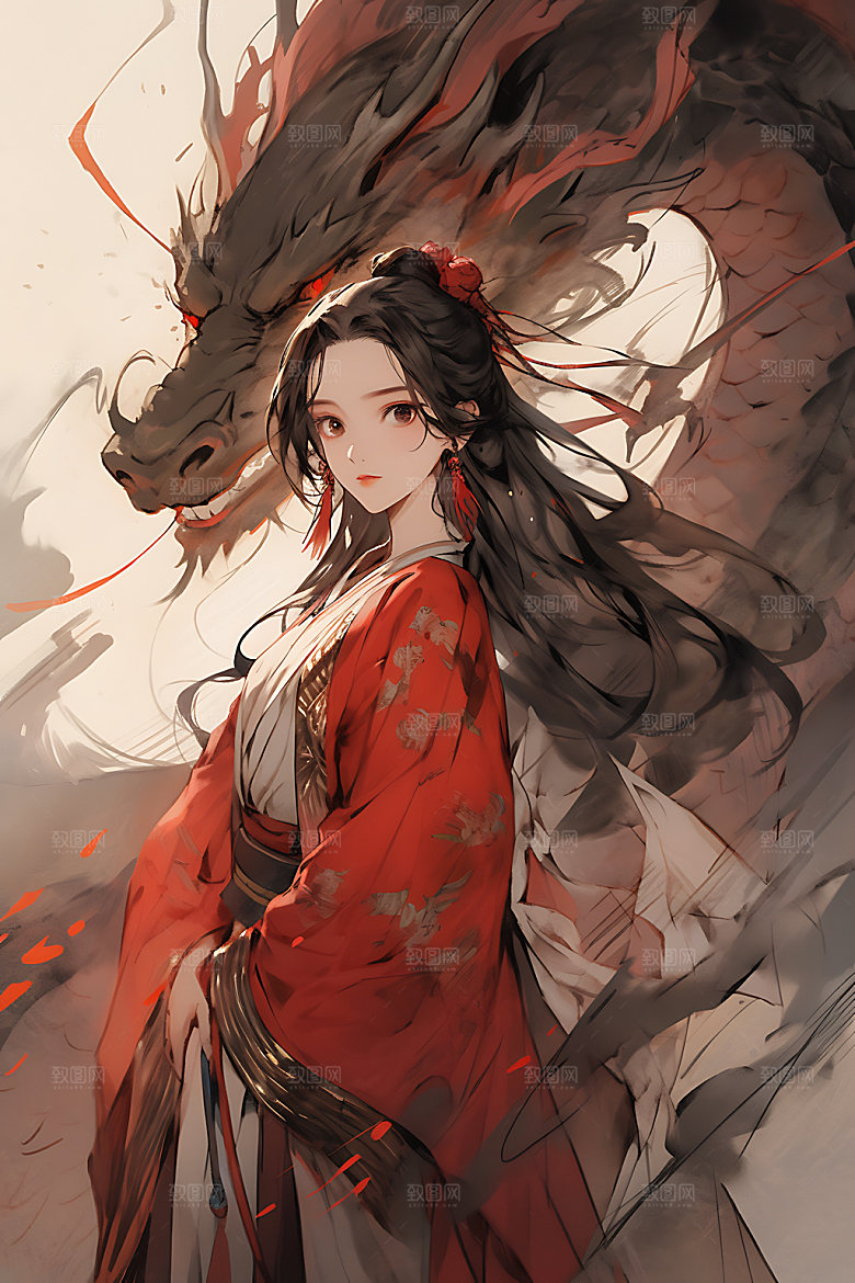 女孩和龙晕染汉服插画