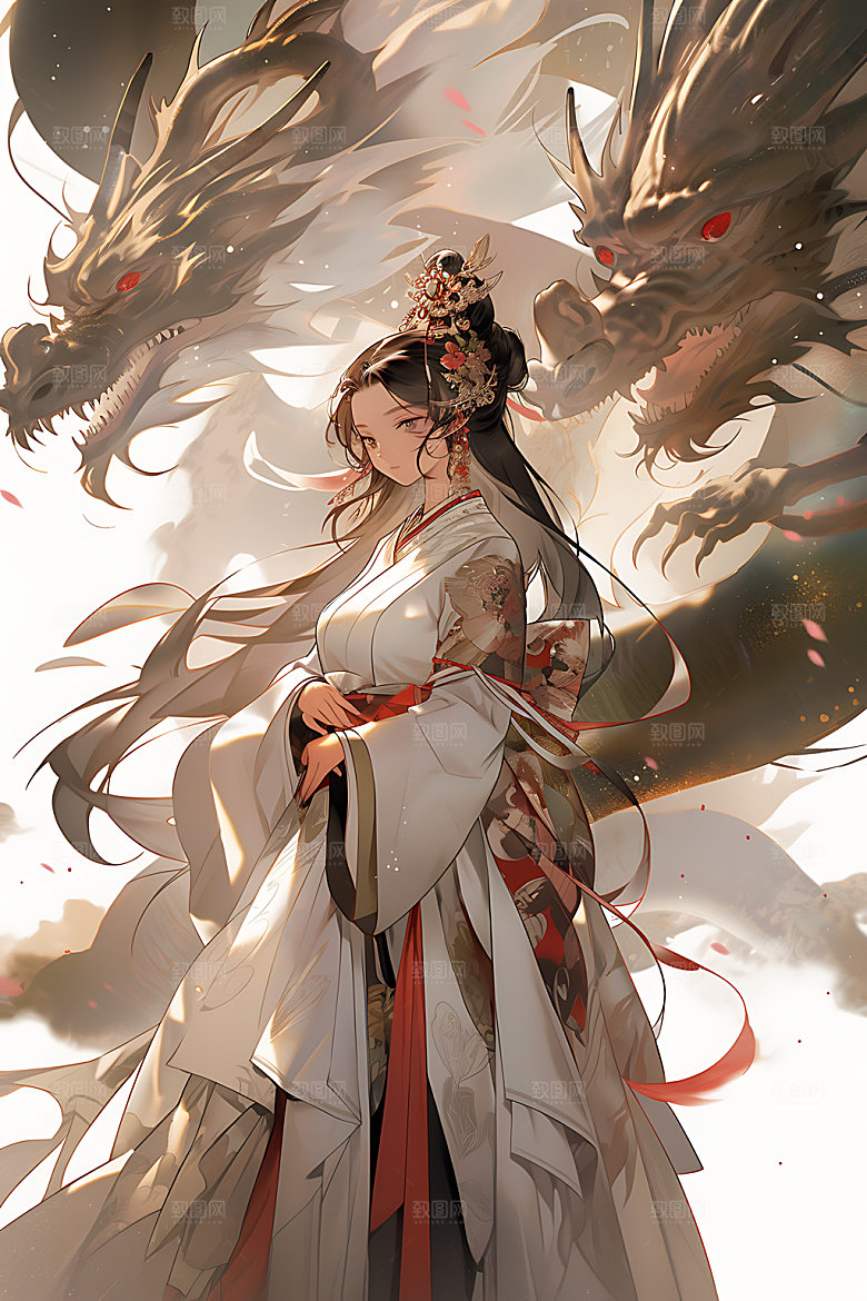 女孩和龙古风生肖插画