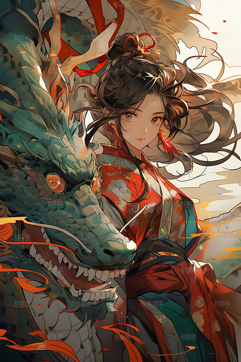 女孩和龙中国风生肖插画