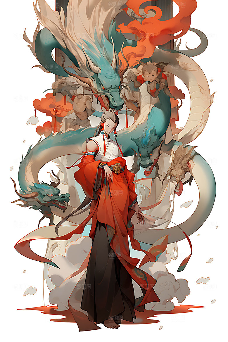 女孩和龙古风生肖插画