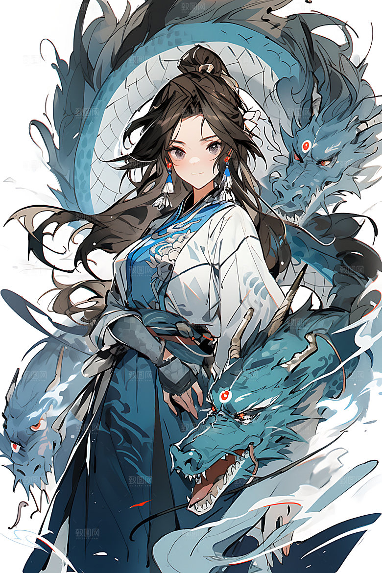 女孩和龙水墨中国风插画