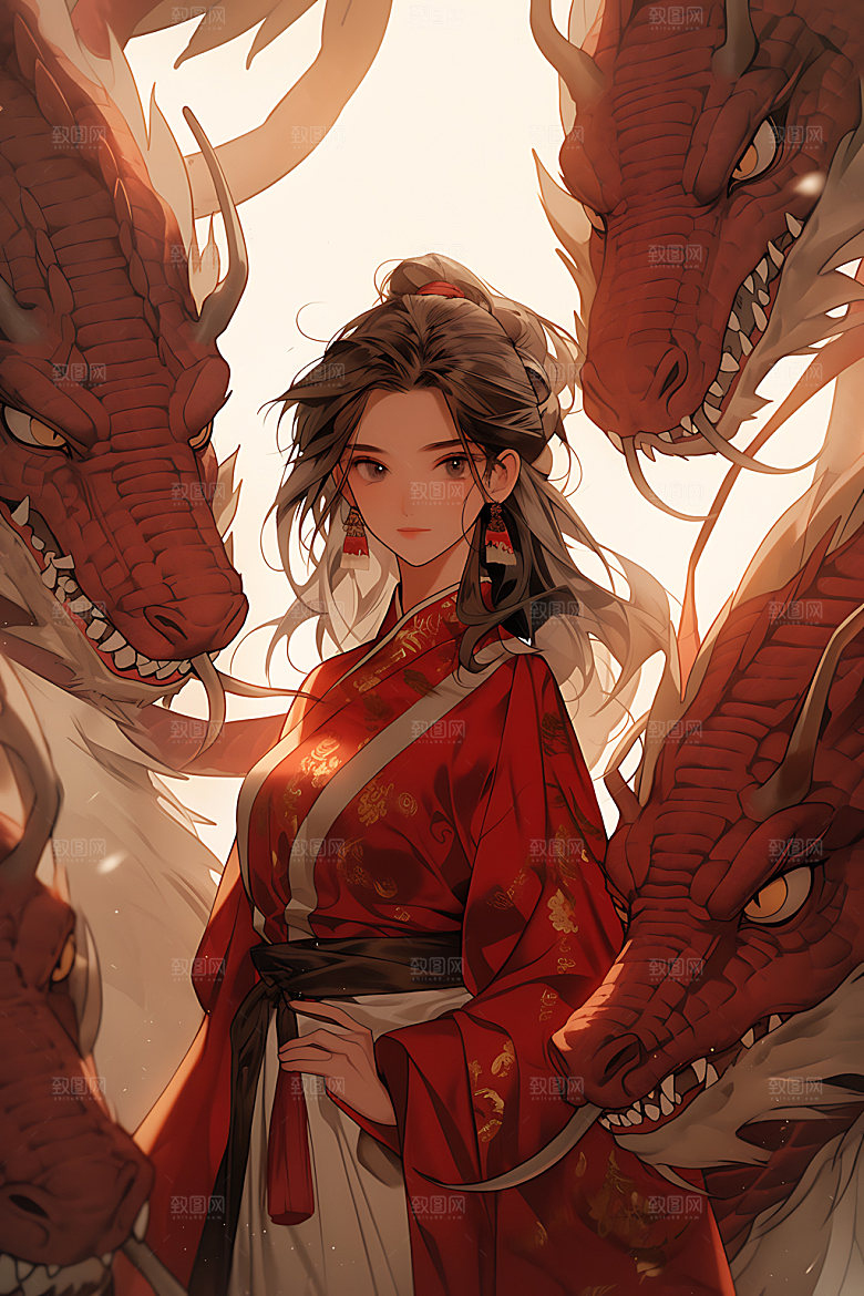 女孩和龙水墨少女插画