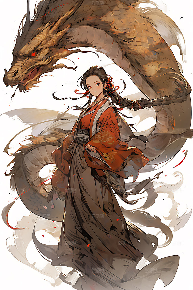 女孩和龙古风汉服插画