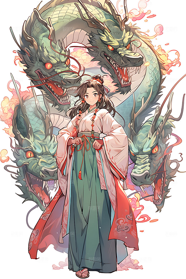 女孩和龙人物古风插画