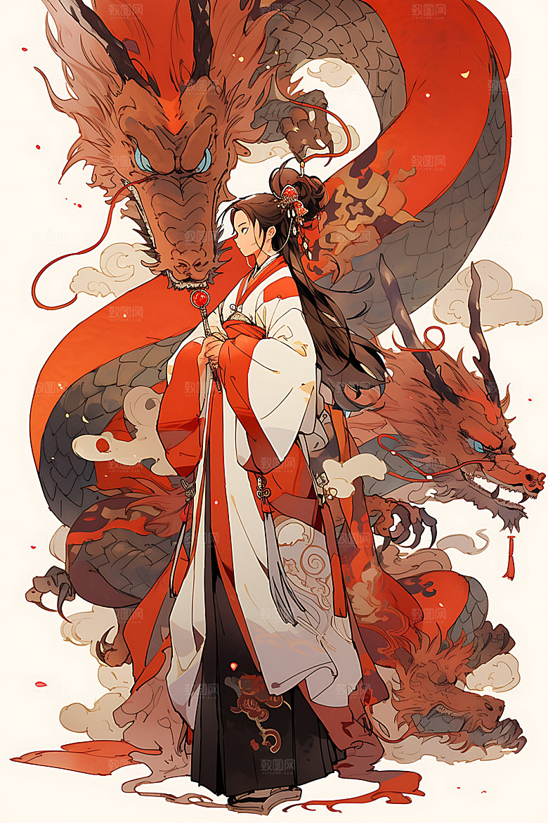 女孩和龙人物中国风插画