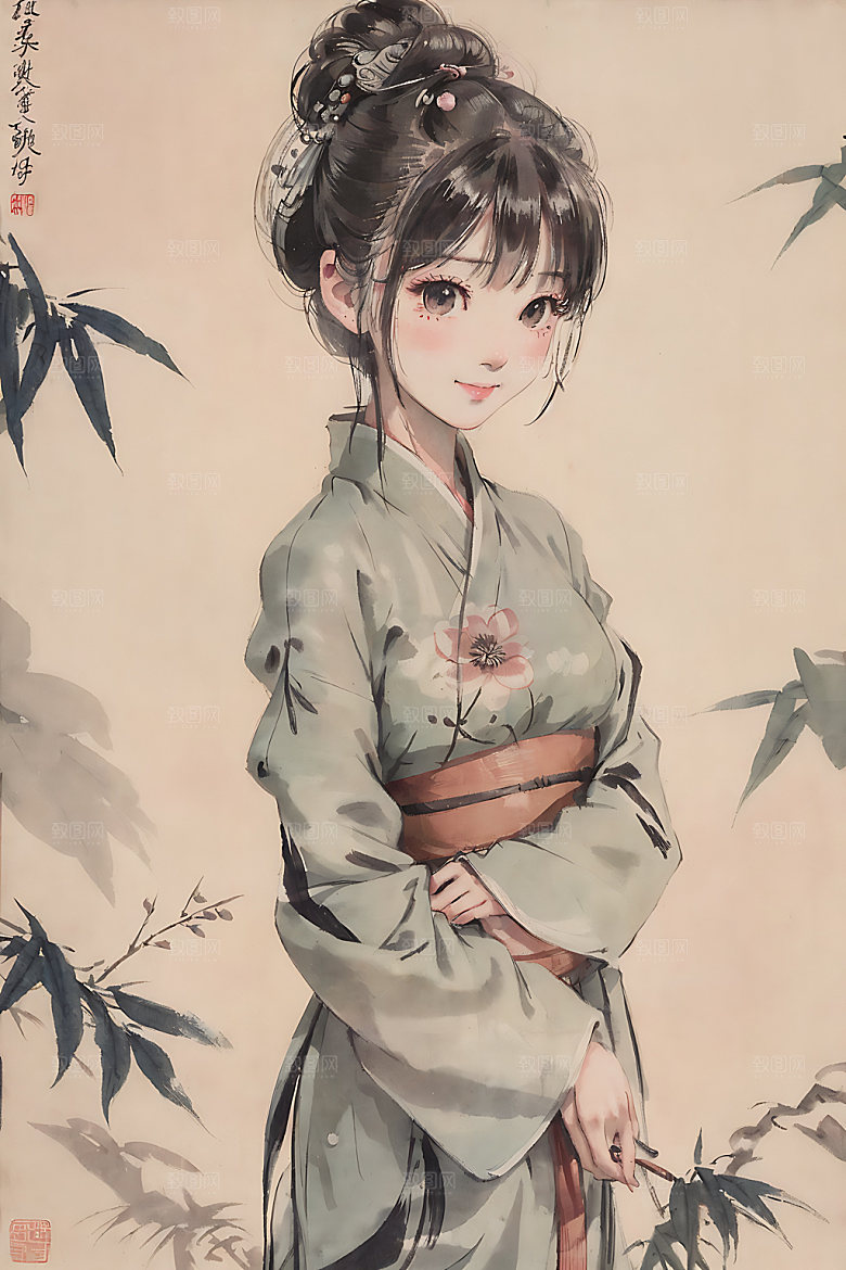 古风少女水墨宣纸插画
