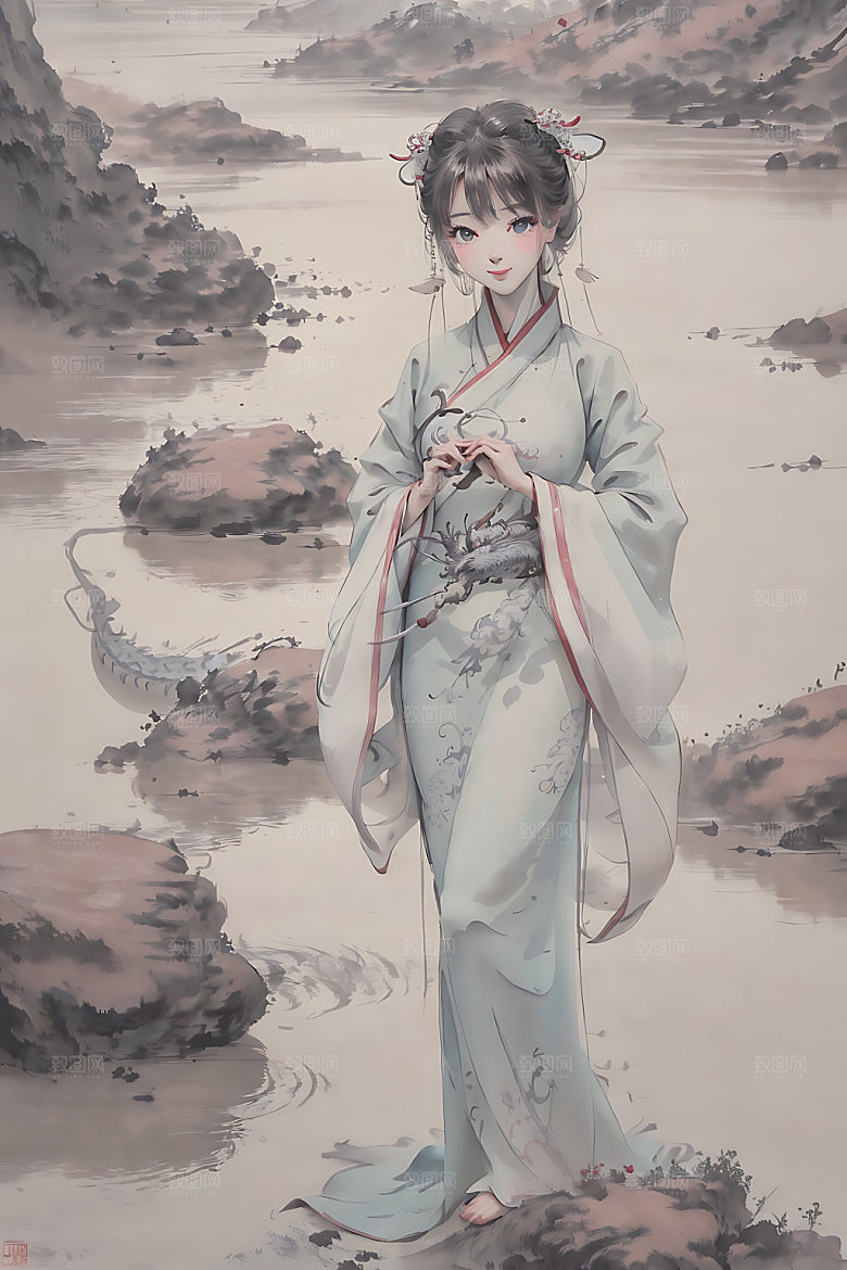 古风少女宣纸中国风插画