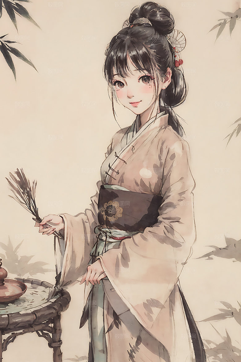 古风少女宣纸工笔画插画