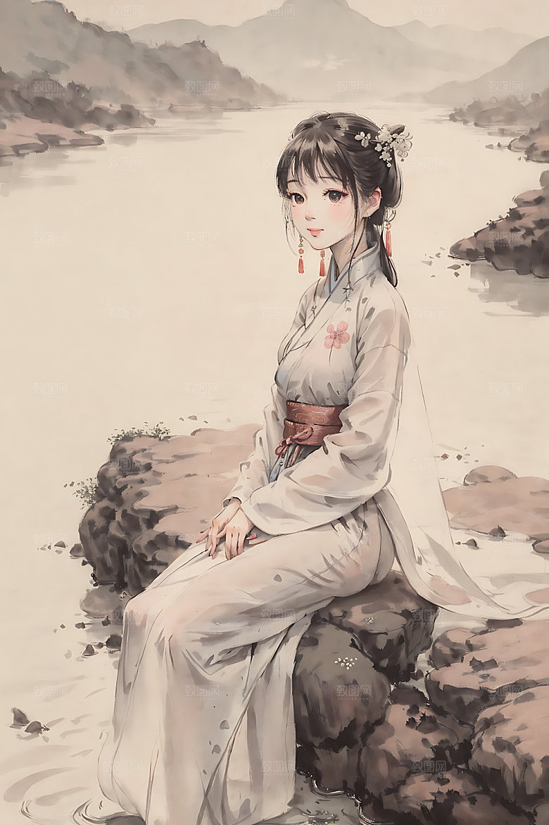 古风少女水墨传统插画
