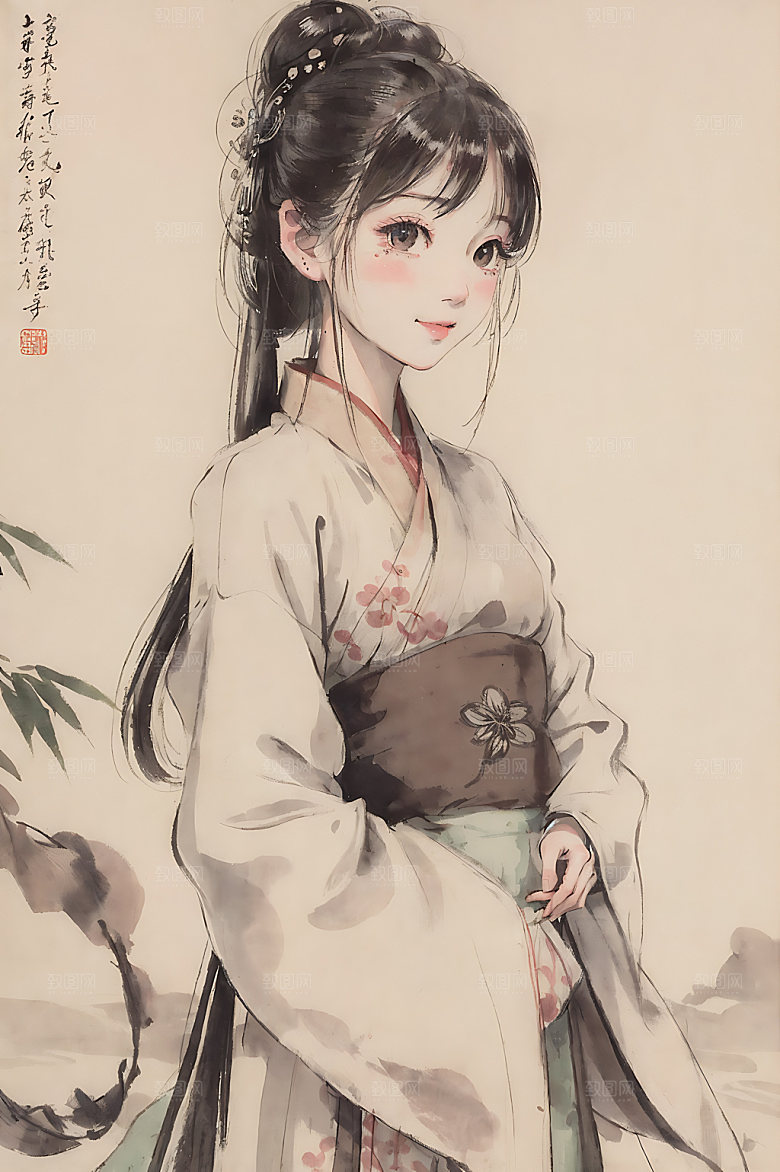古风少女水墨汉服插画
