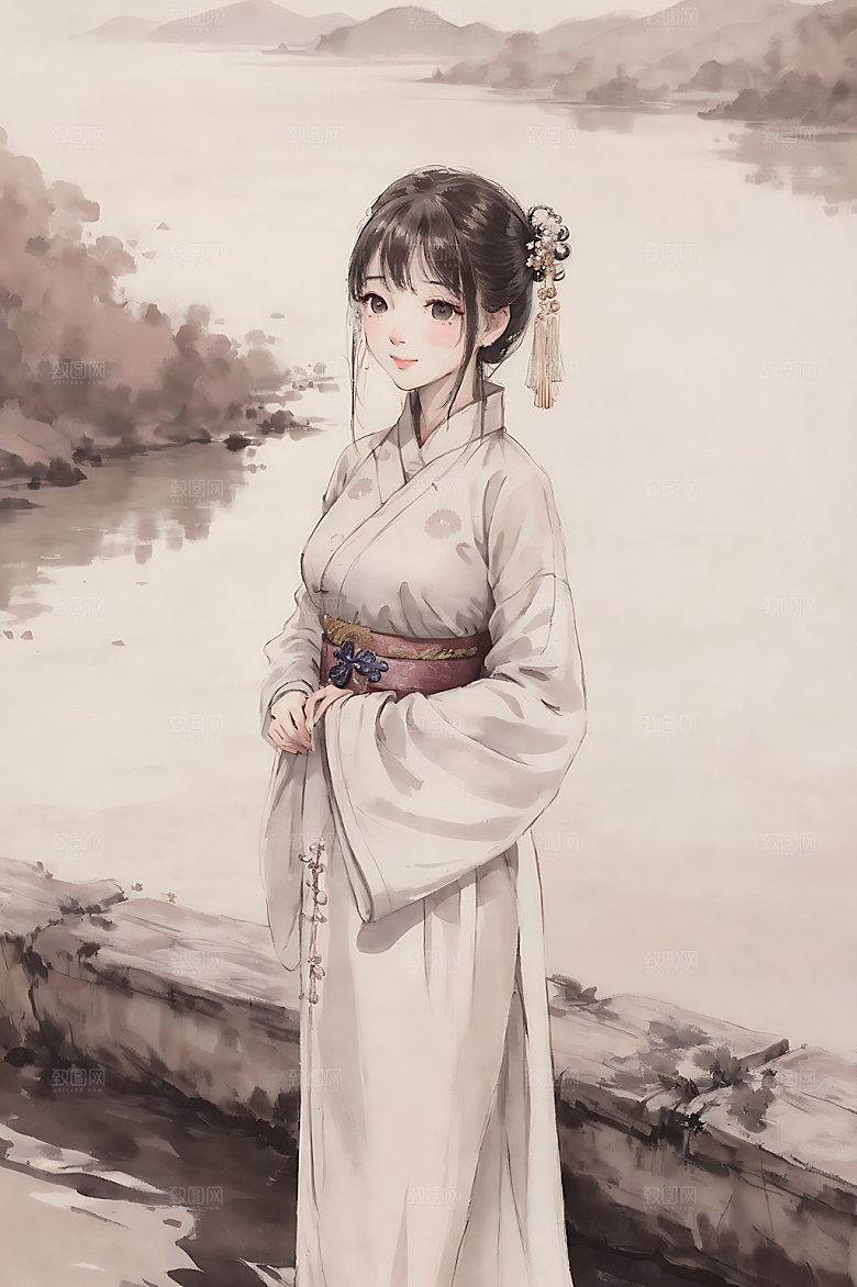 古风少女工笔画汉服插画