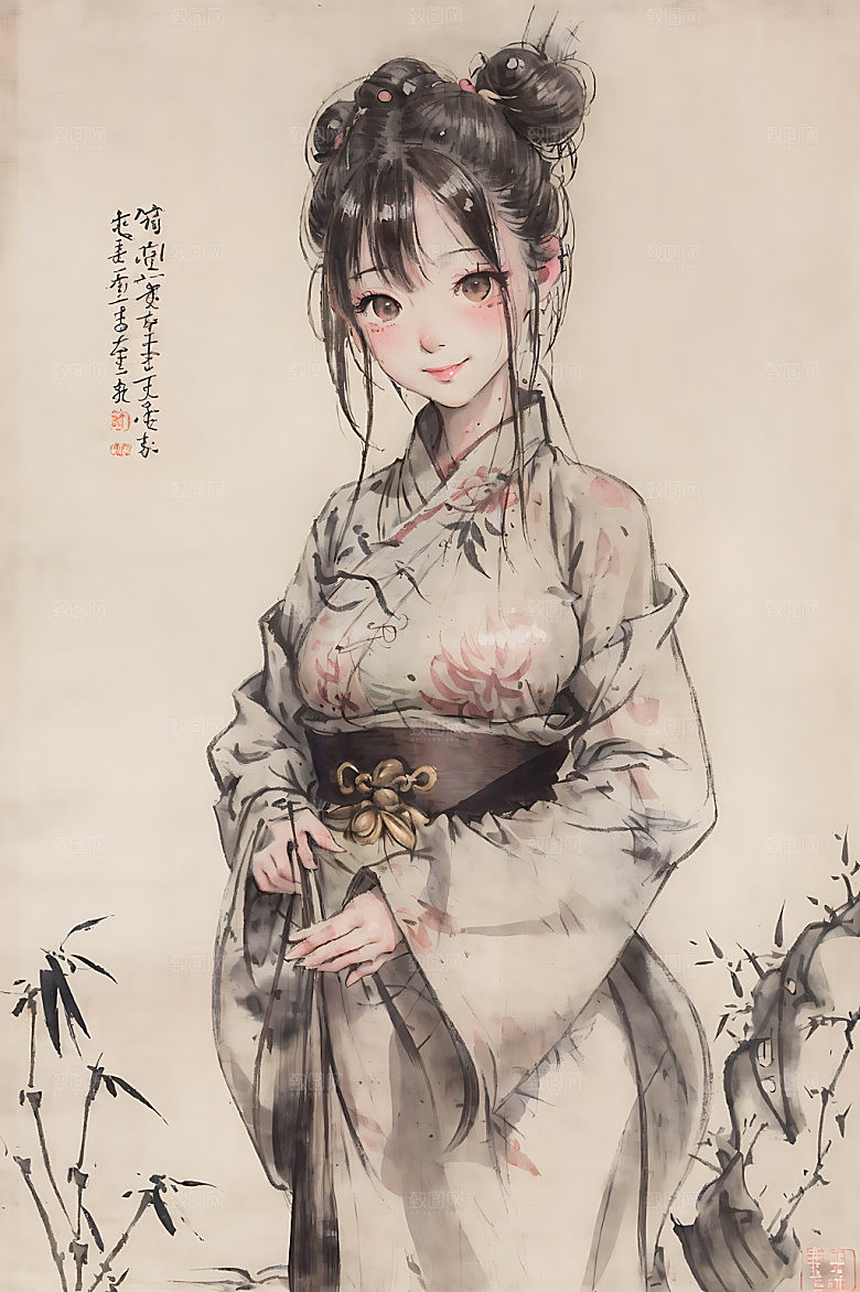 古风少女中国风宣纸插画