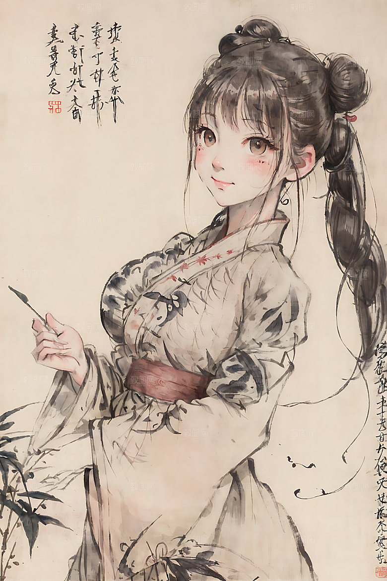 古风少女汉服工笔画插画