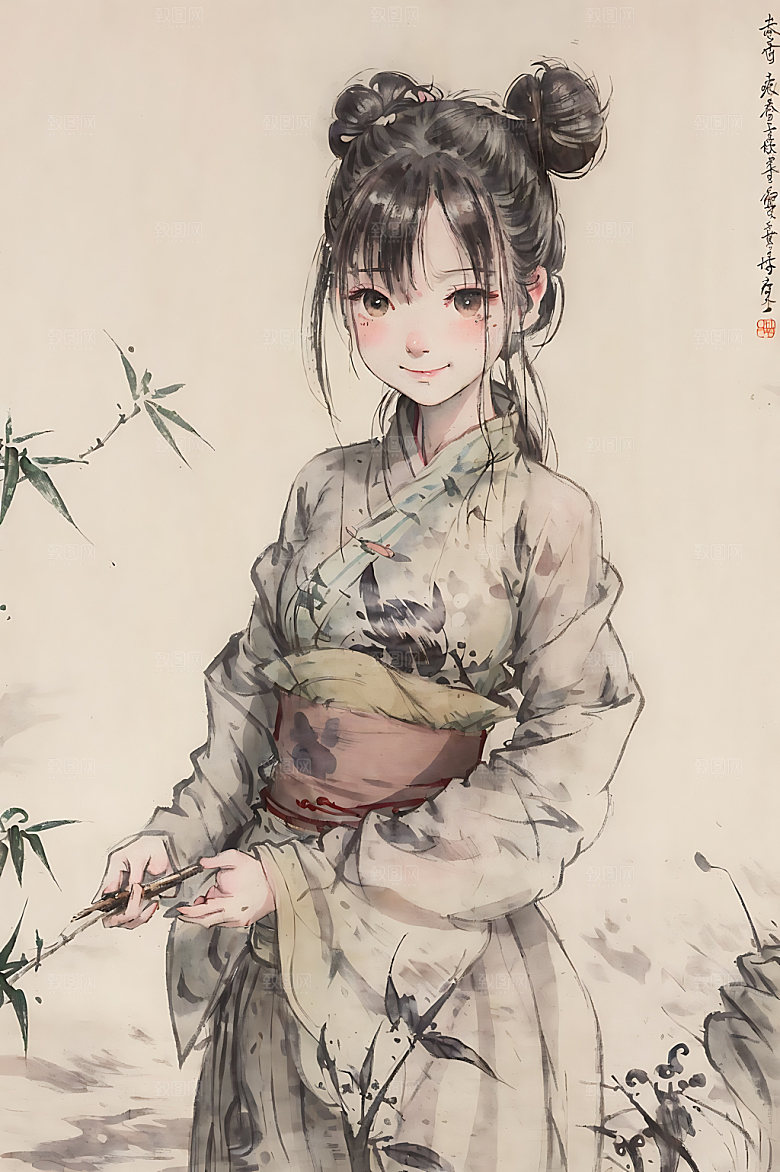 古风少女宣纸中式插画