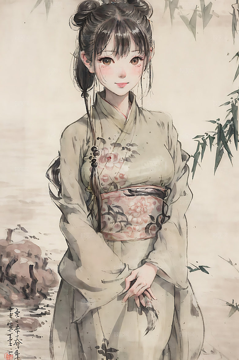 古风少女唯美宣纸插画