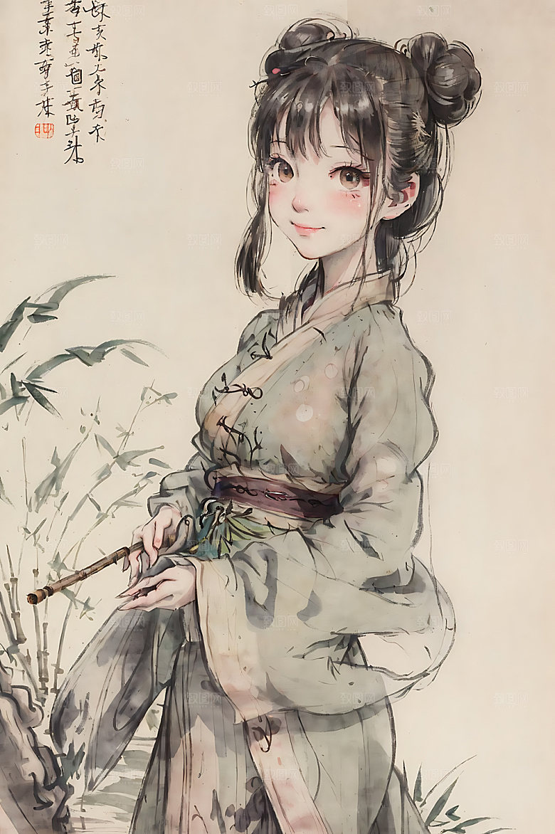 古风少女水墨传统插画