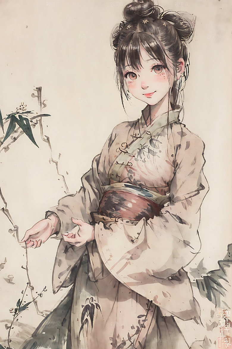 古风少女传统宣纸插画