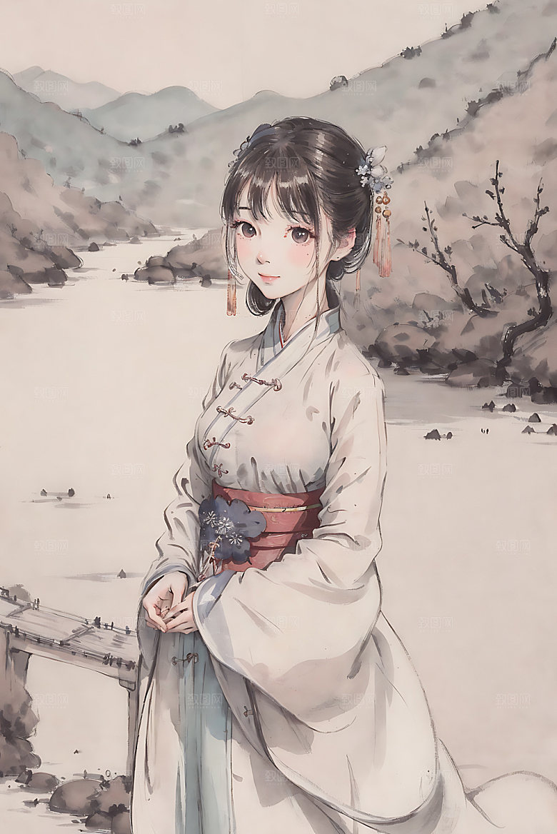 古风少女中式工笔画插画