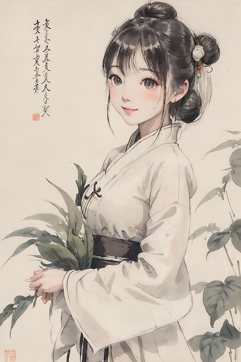 古风少女宣纸汉服插画