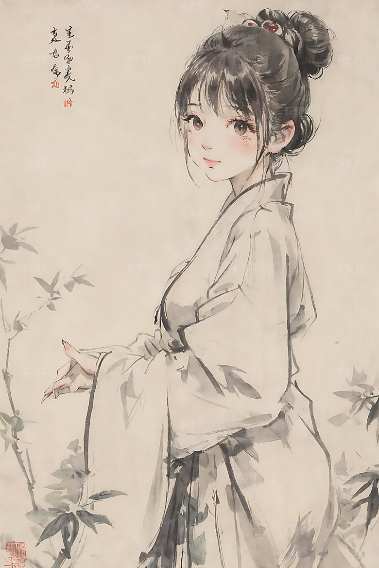 古风少女中式国画插画