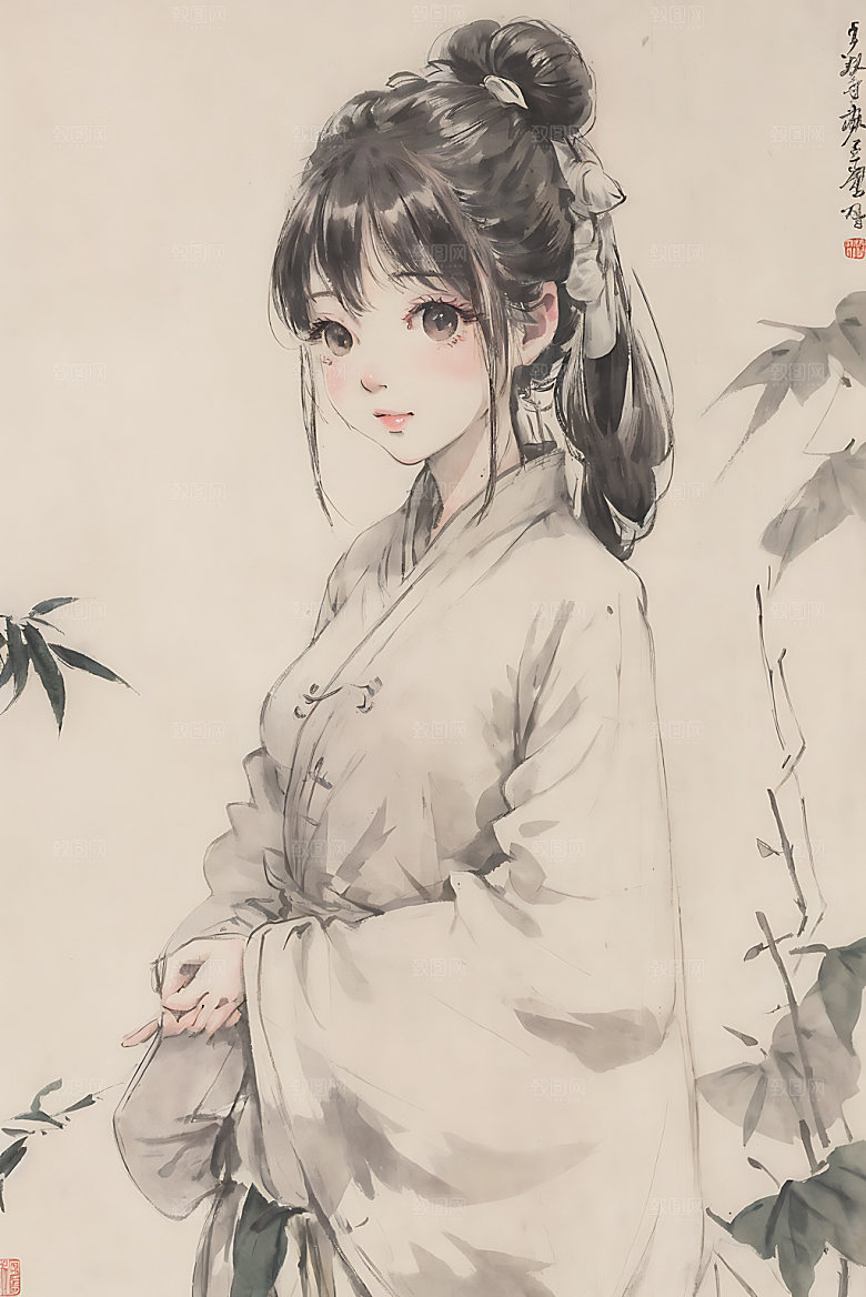 古风少女水墨汉服插画