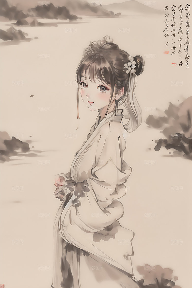 古风少女中式水墨插画