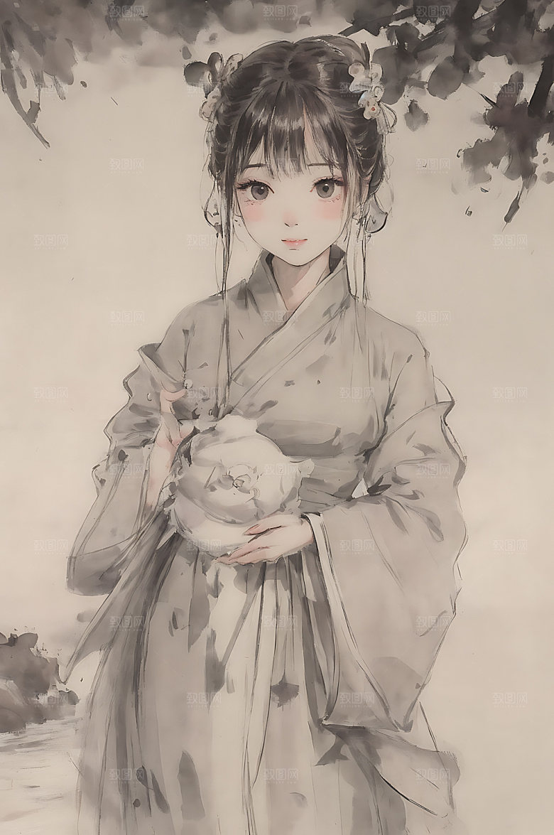 古风少女国画水墨插画