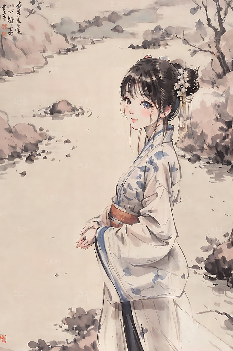 古风少女中国风中式插画