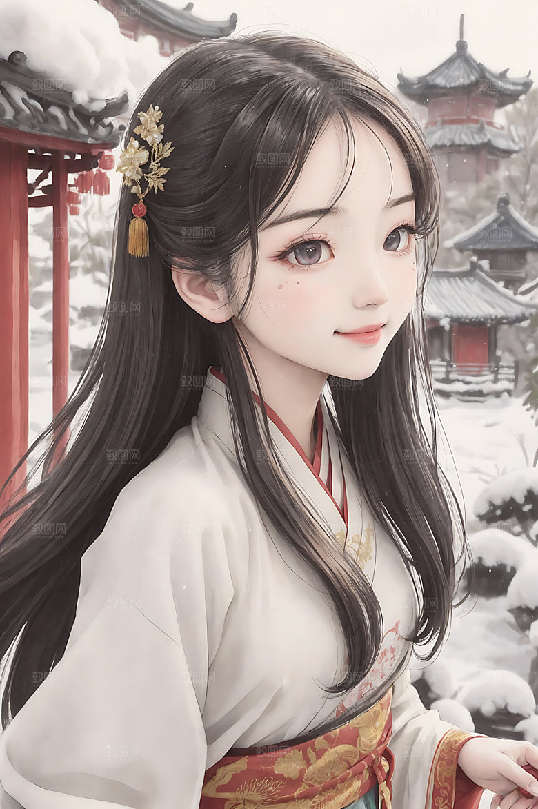 古风少女宣纸工笔画插画