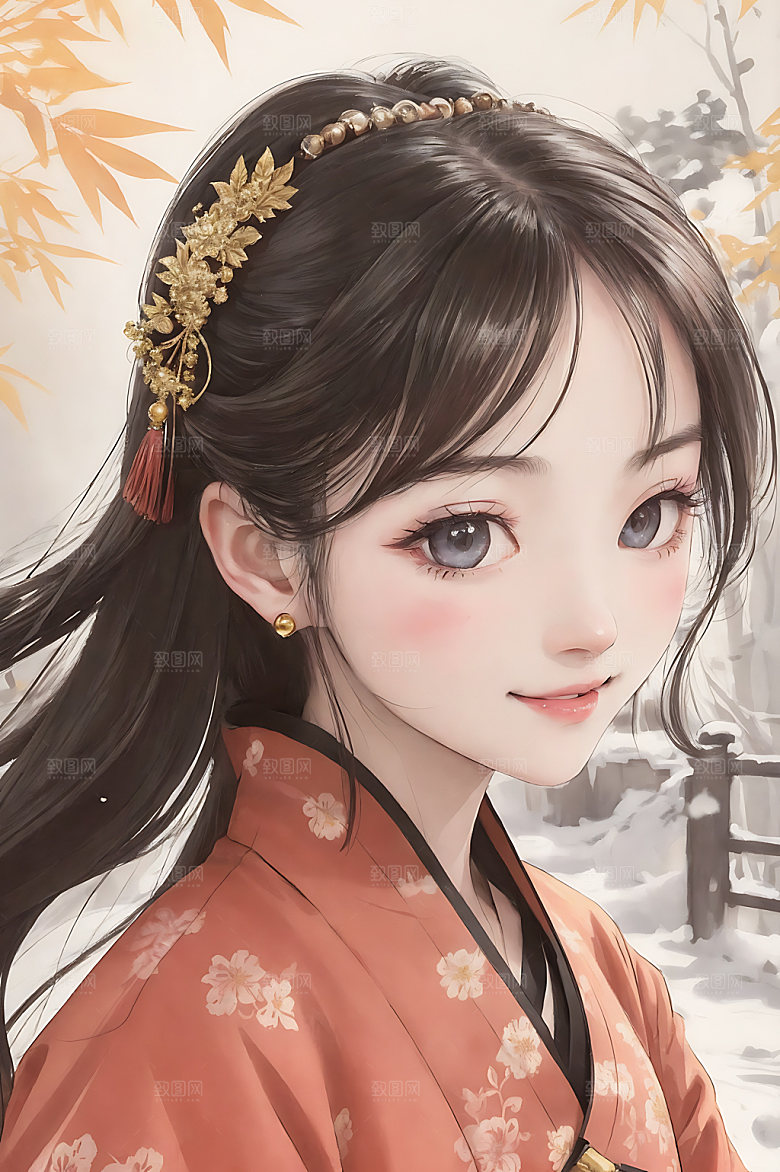 古风少女水墨工笔画插画