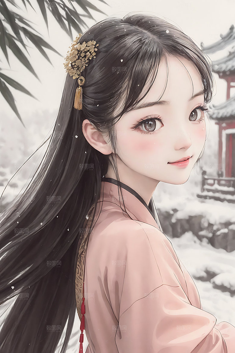 古风少女工笔画水墨插画