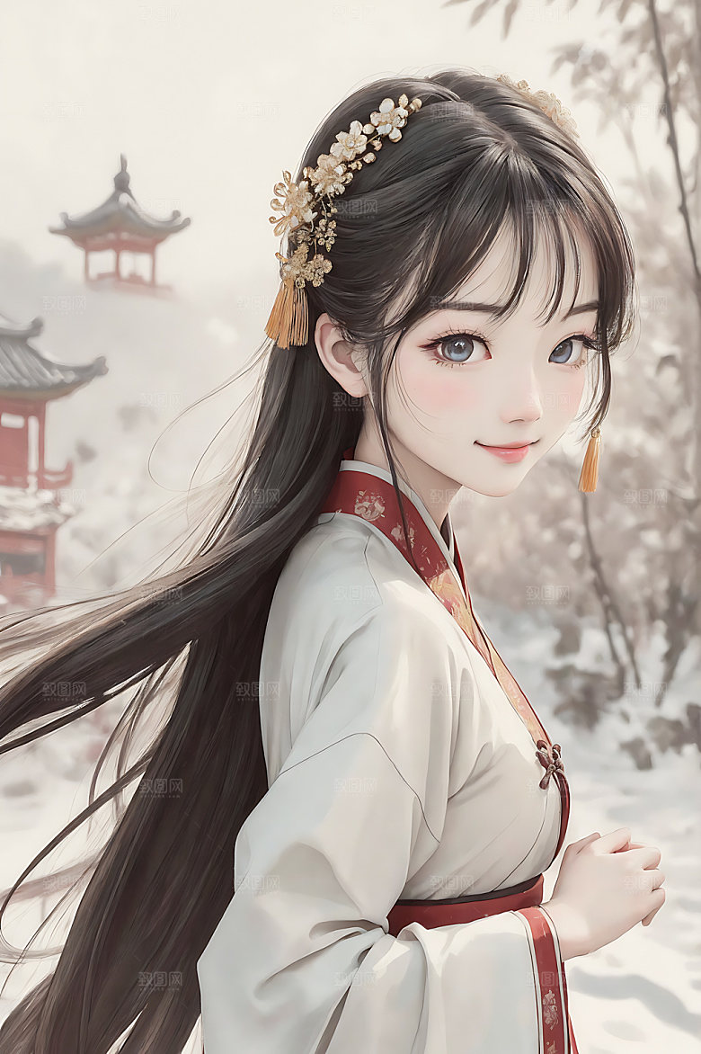 古风少女水墨宣纸插画
