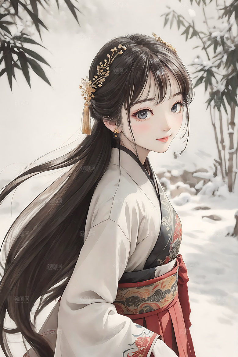 古风少女宣纸汉服插画