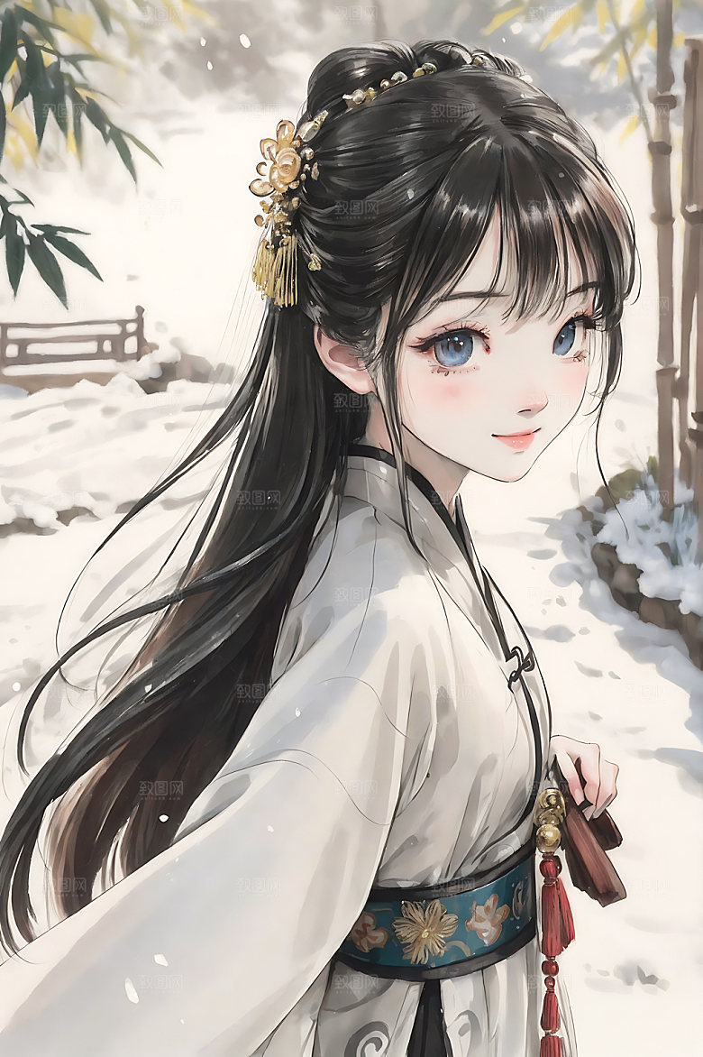 古风少女水墨工笔画插画