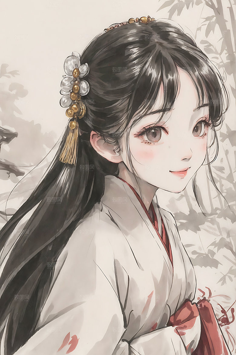 古风少女水墨国画插画