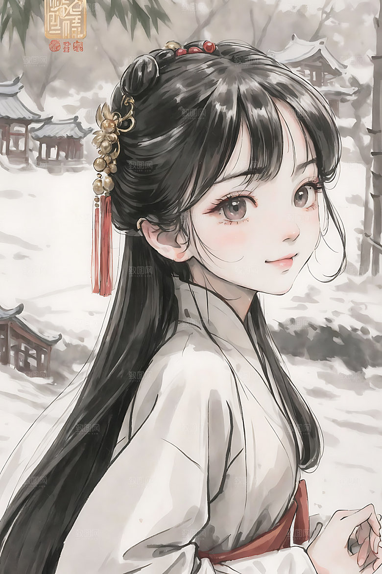 古风少女汉服工笔画插画