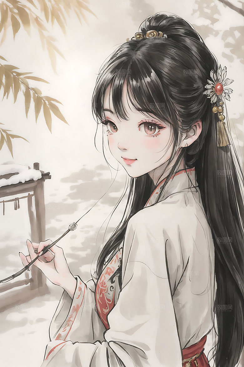 古风少女汉服宣纸插画