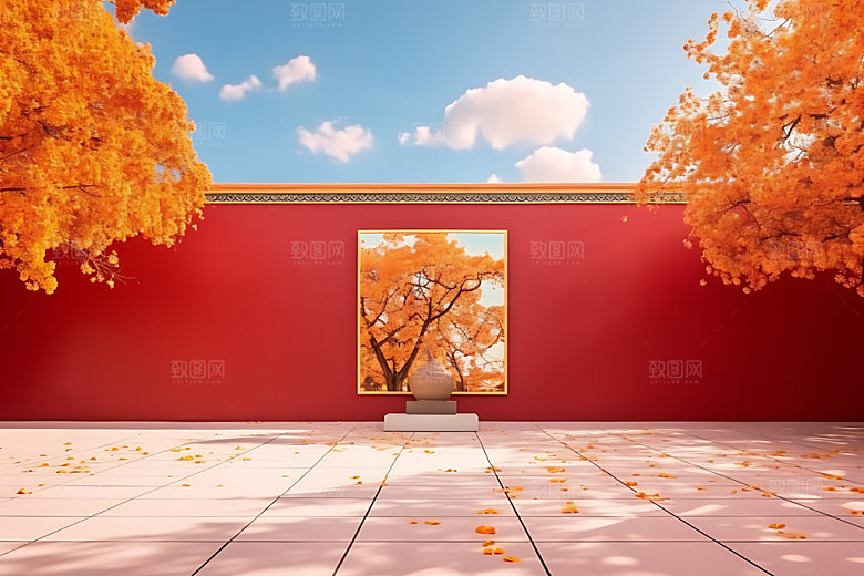 故宫秋色枫叶中国风插画