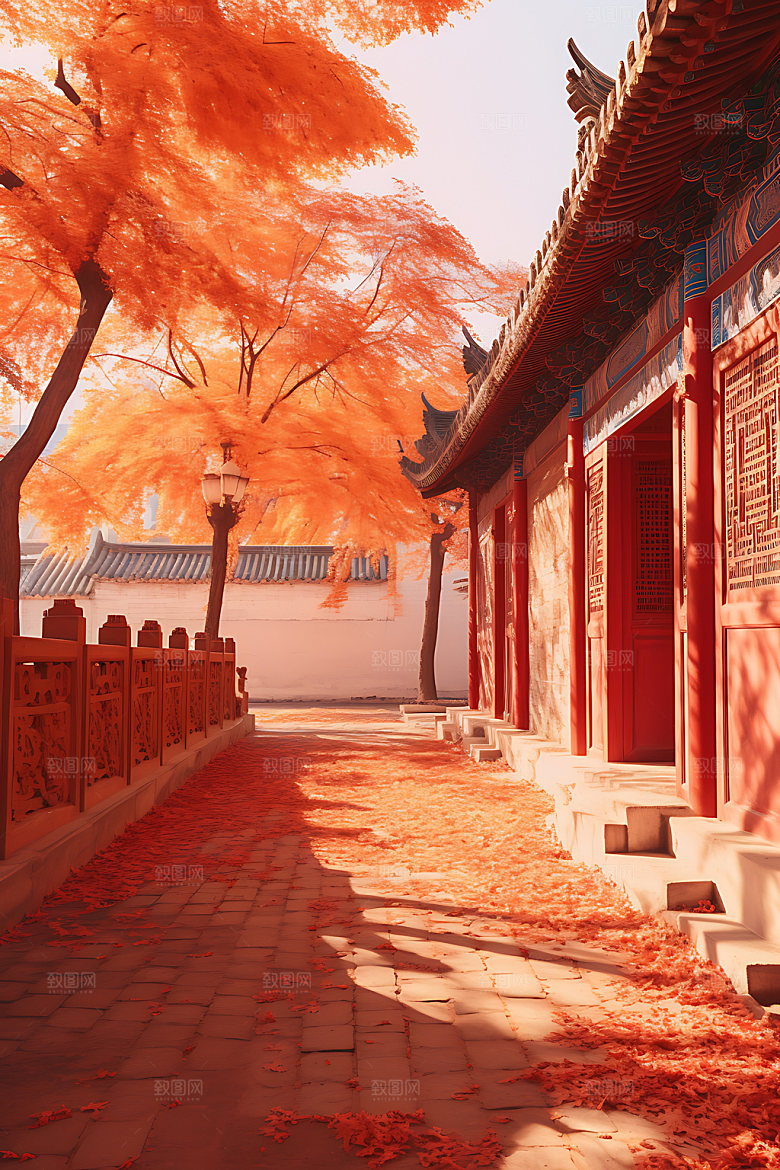 故宫秋色枫叶古建筑插画
