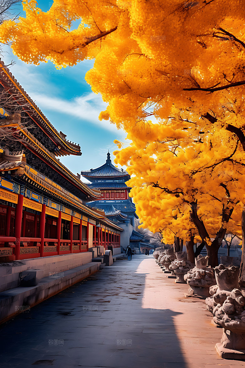 故宫秋色中国风秋天插画
