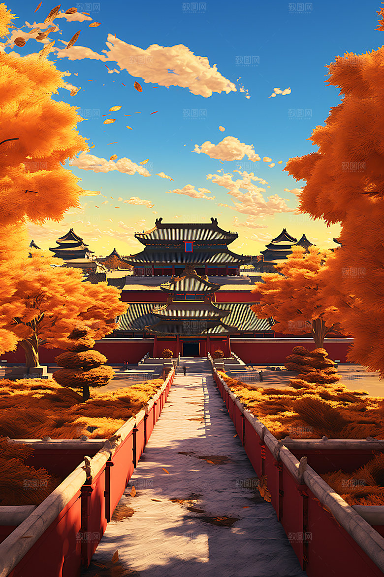 故宫秋色古建筑枫叶插画