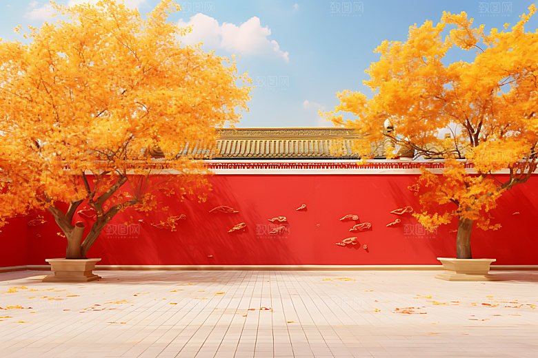 故宫秋色古建筑红叶插画
