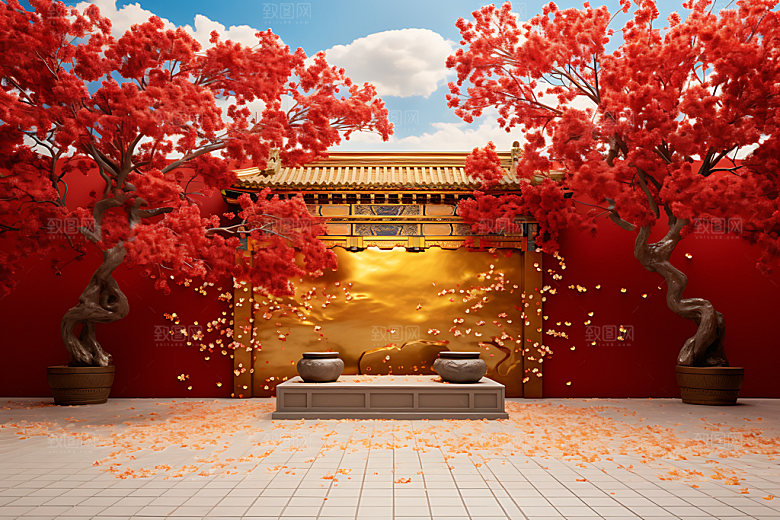 故宫秋色古建筑枫叶插画