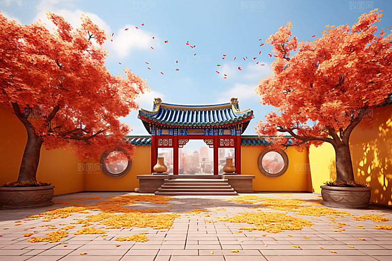 故宫秋色古建筑枫叶插画