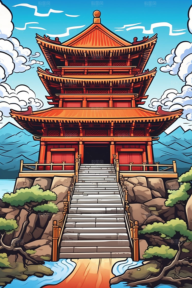 国潮风建筑中国风艺术插画