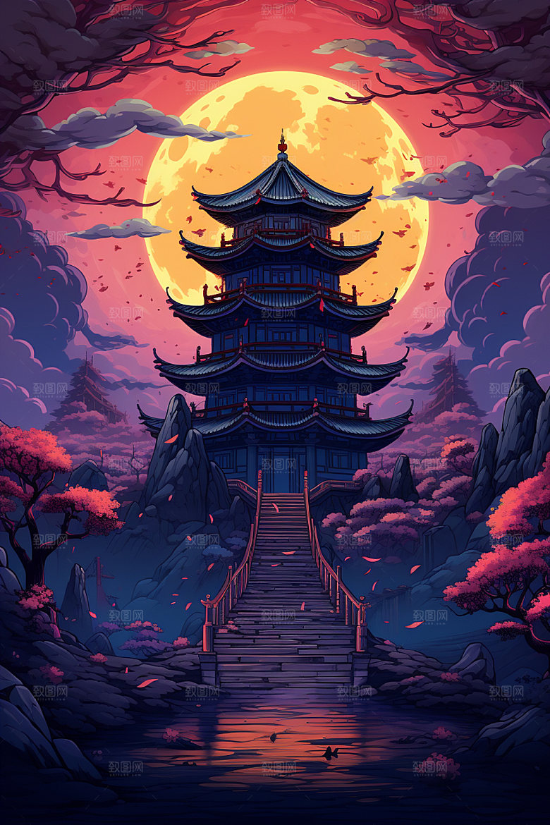 国潮风建筑亭台楼阁中国风插画