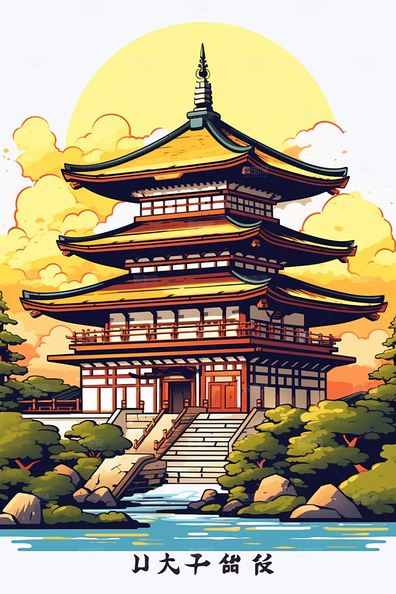 国潮风建筑中式艺术插画