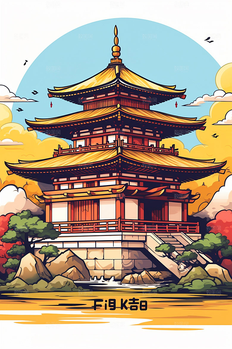 国潮风建筑中式亭台楼阁插画